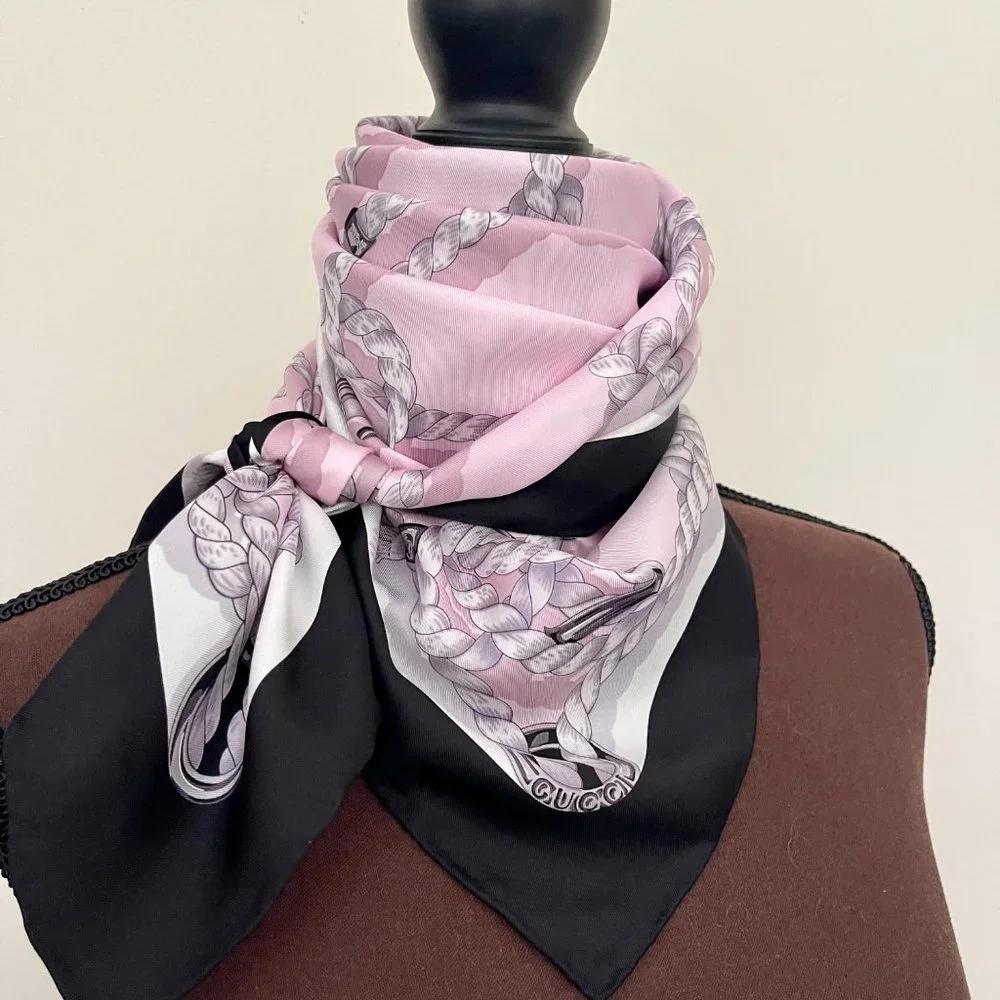New Gucci Silk Scarf Pink Ropes Print Black Border Silk Wrap Scarf